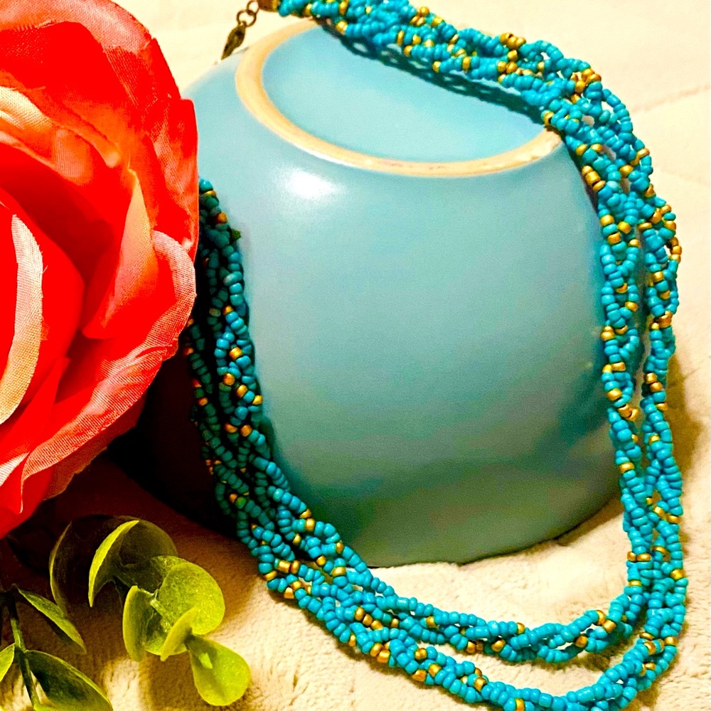 Beaded 2 Strand Necklace | Turquoise & Gold Tone 20 in long